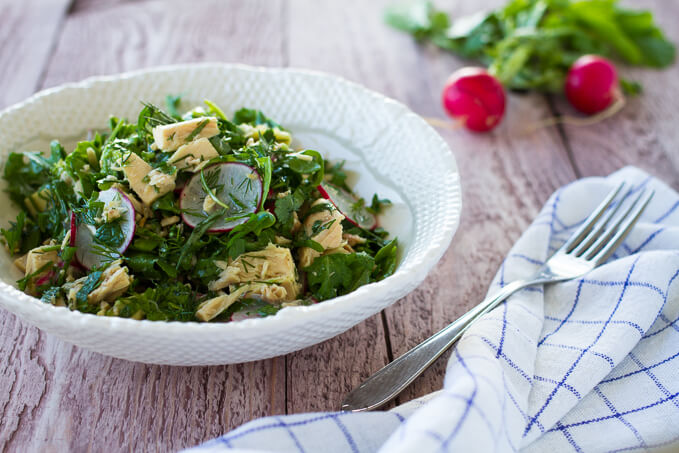 Herb salad with tuna avocado and radishes