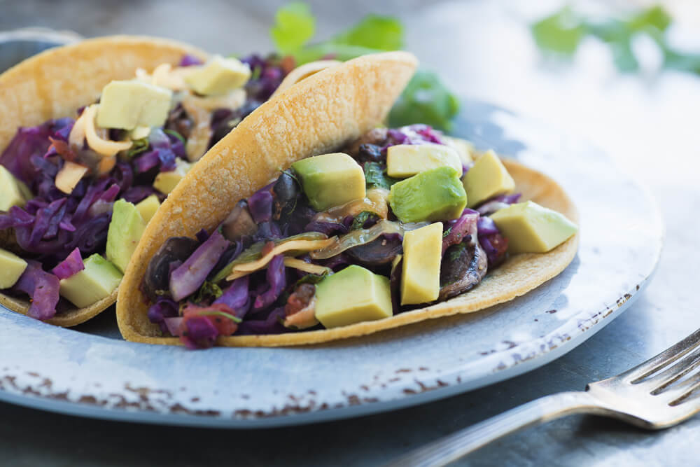 Soft tacos with cabbage and mushroom saute