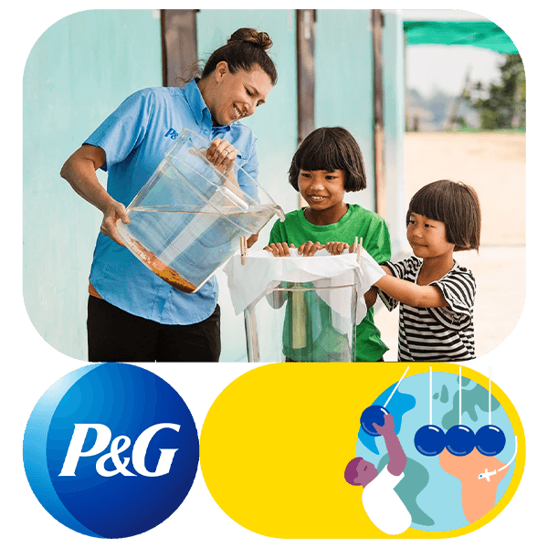 A woman is pouring water, and two children are next to her. P&G logo on the bottom left and illustration of a person putting a pendulum swing into motion on the bottom right.