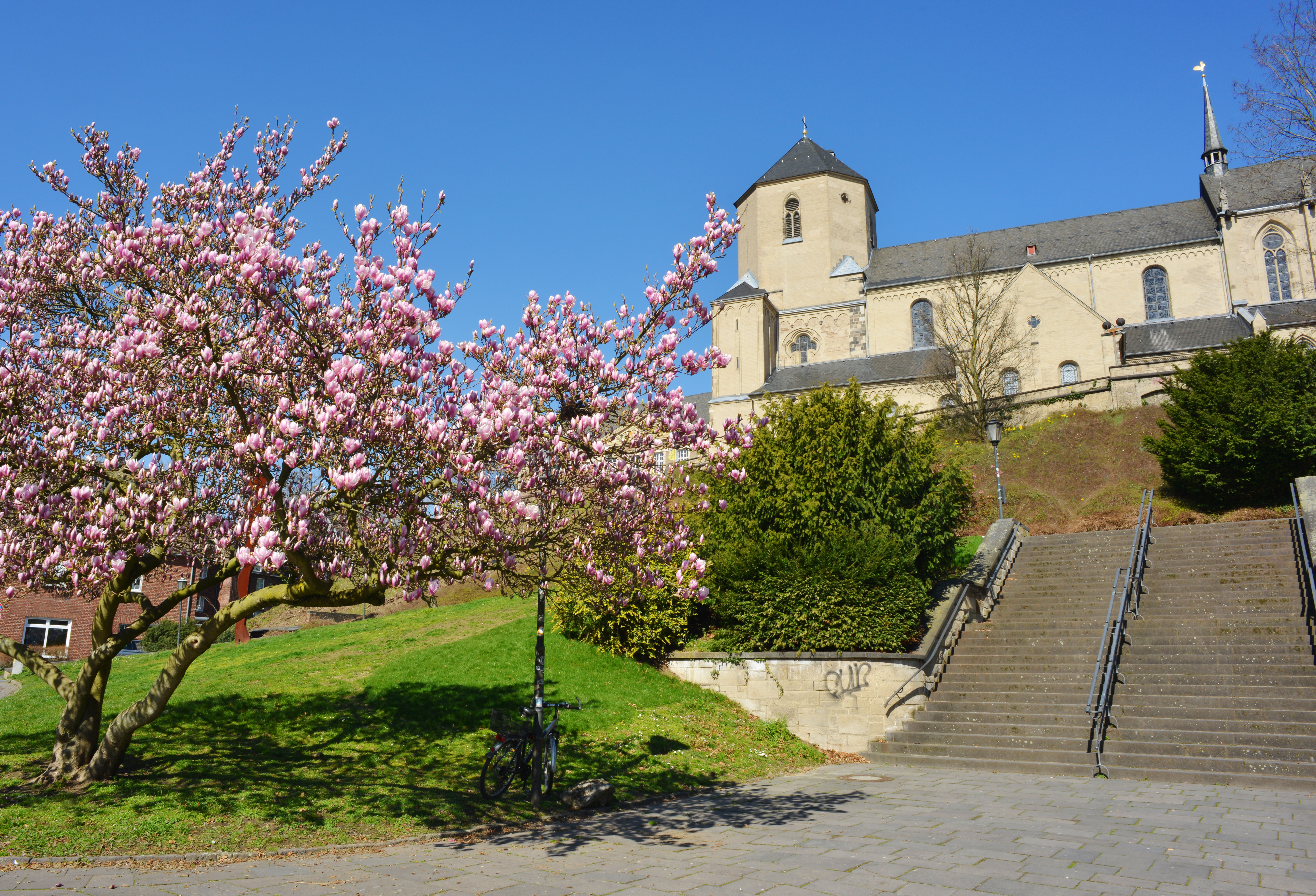 Ansicht der Stadt Mönchengladbach mit dem Münster im Frühling