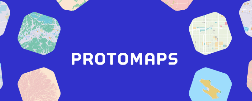 Proto Maps ecris en blanc sur fond bleu avec quelques carrés colorés