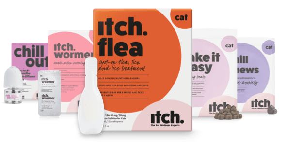 Itch Homepage - Itch Wormer for cats - double action worming tablets, Itch Flea spot on treatment for cats - flea, tick and lice treatment, Chill Out Pheremone plug-in diffuser for cats, Chill out chews for cats, Take it Easy Calming Treats for cats - Customer plan