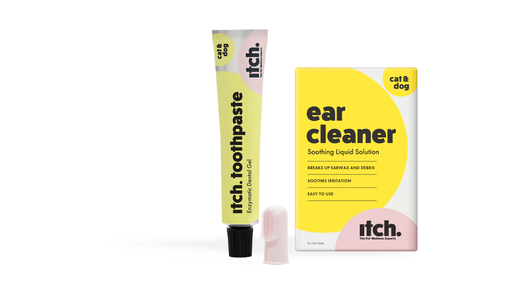 Itch Dental & Itch Ear, toothpaste, mouthwash dental solution and liquid ear cleaner for cats and dogs, group image of products with finger brush
