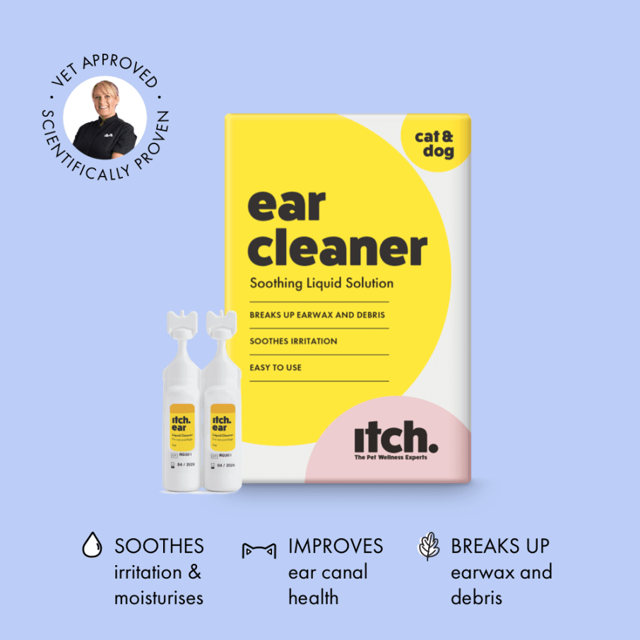 Itch Ear, Liquid Ear Cleaner for Cats and Dogs, image of box with vials