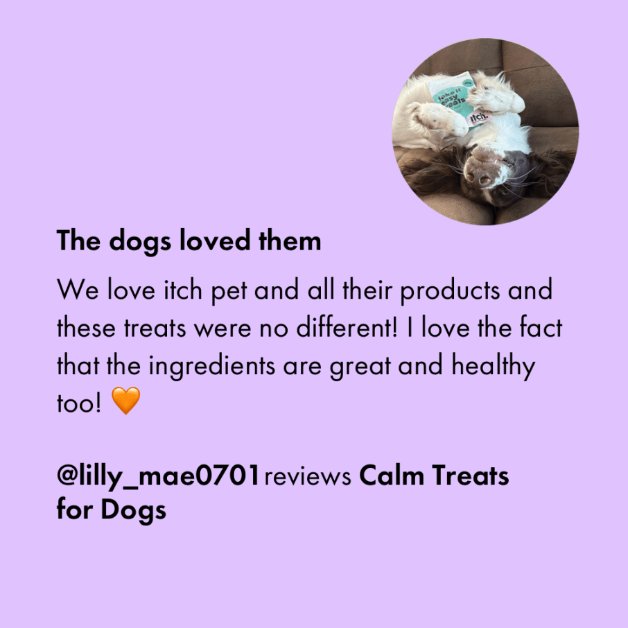 Itch Take it Easy, Calming treats for cats and dogs, image of dog with treats and customer review