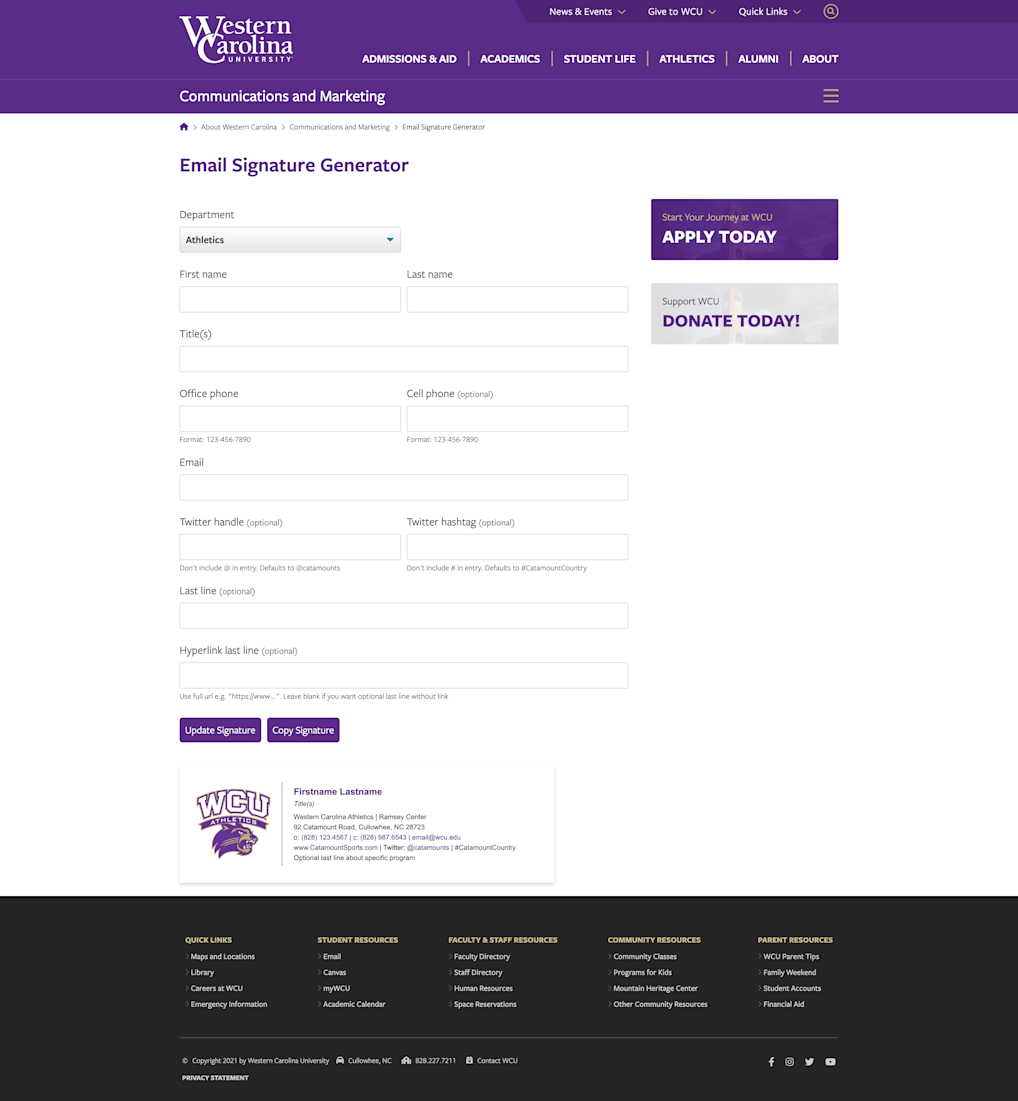 Screenshot of WCU Email Signature Generator