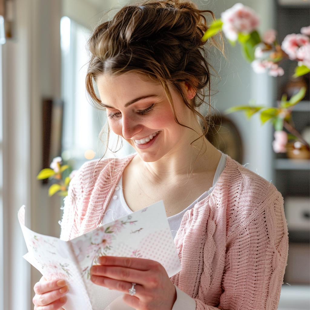 Photograph of a young mother opening a mother's Day card, with a smile on her face