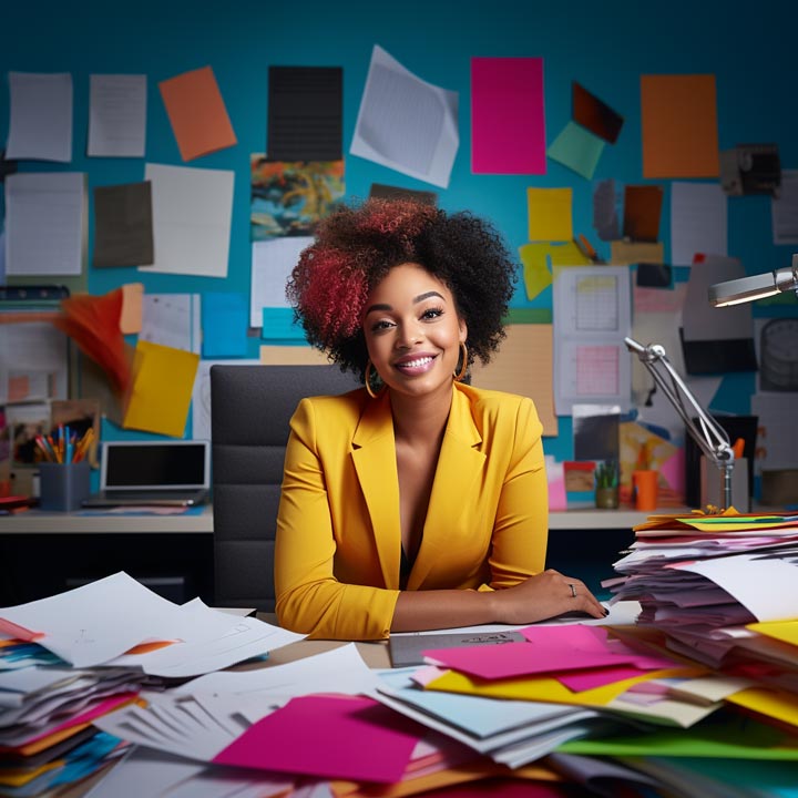 Strong woman at work celebrating diversity and inclusion with cards