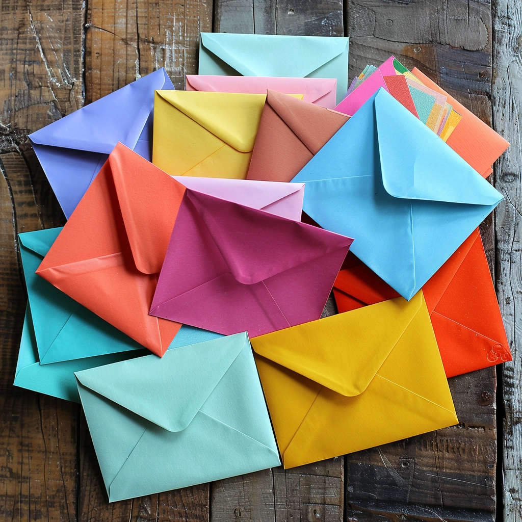 Vibrant collection of leaving card envelopes on a wooden table