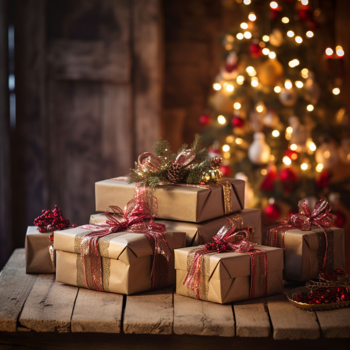 Christmas table filled with gifts, tree in background