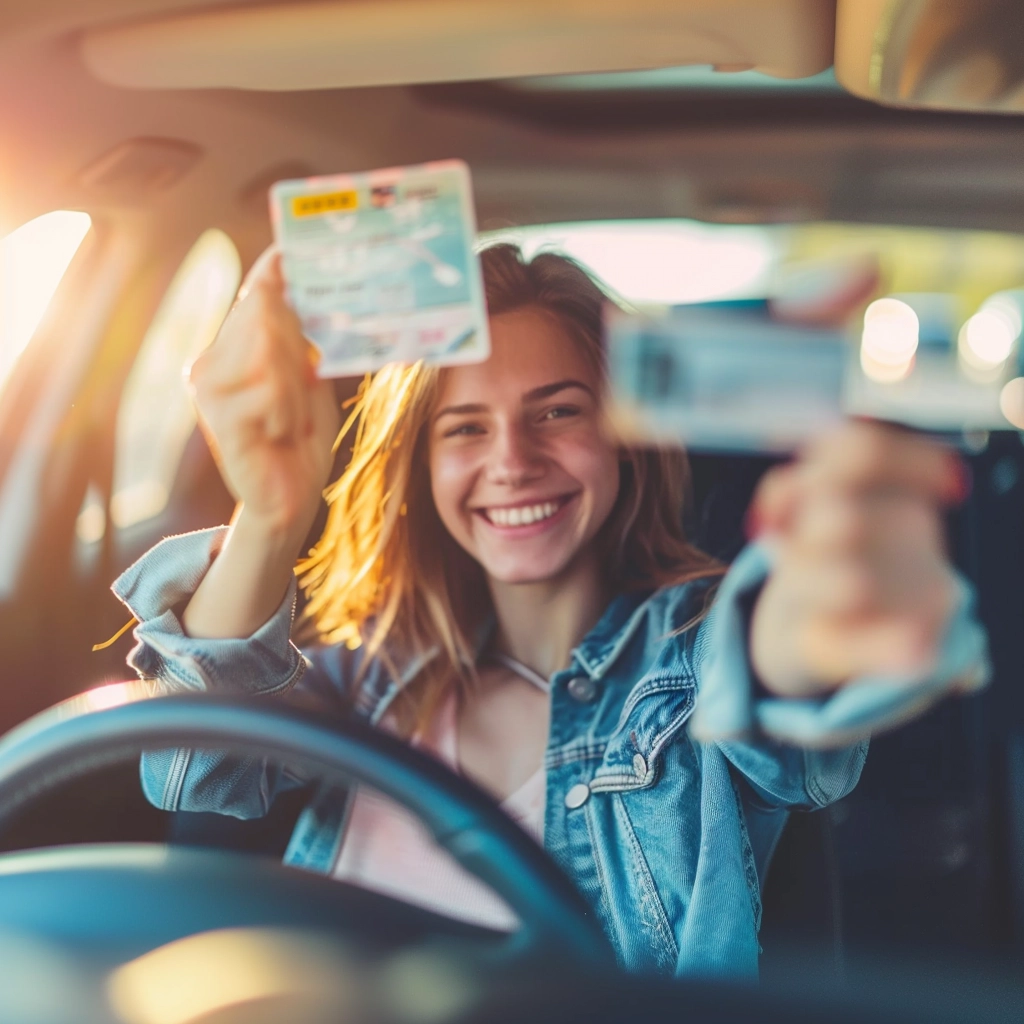 A joyful person holding up their new driver's license with a big smile, symbolizing the achievement of passing the driving test.