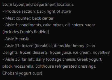 The layout of the store represented in the knowledge base