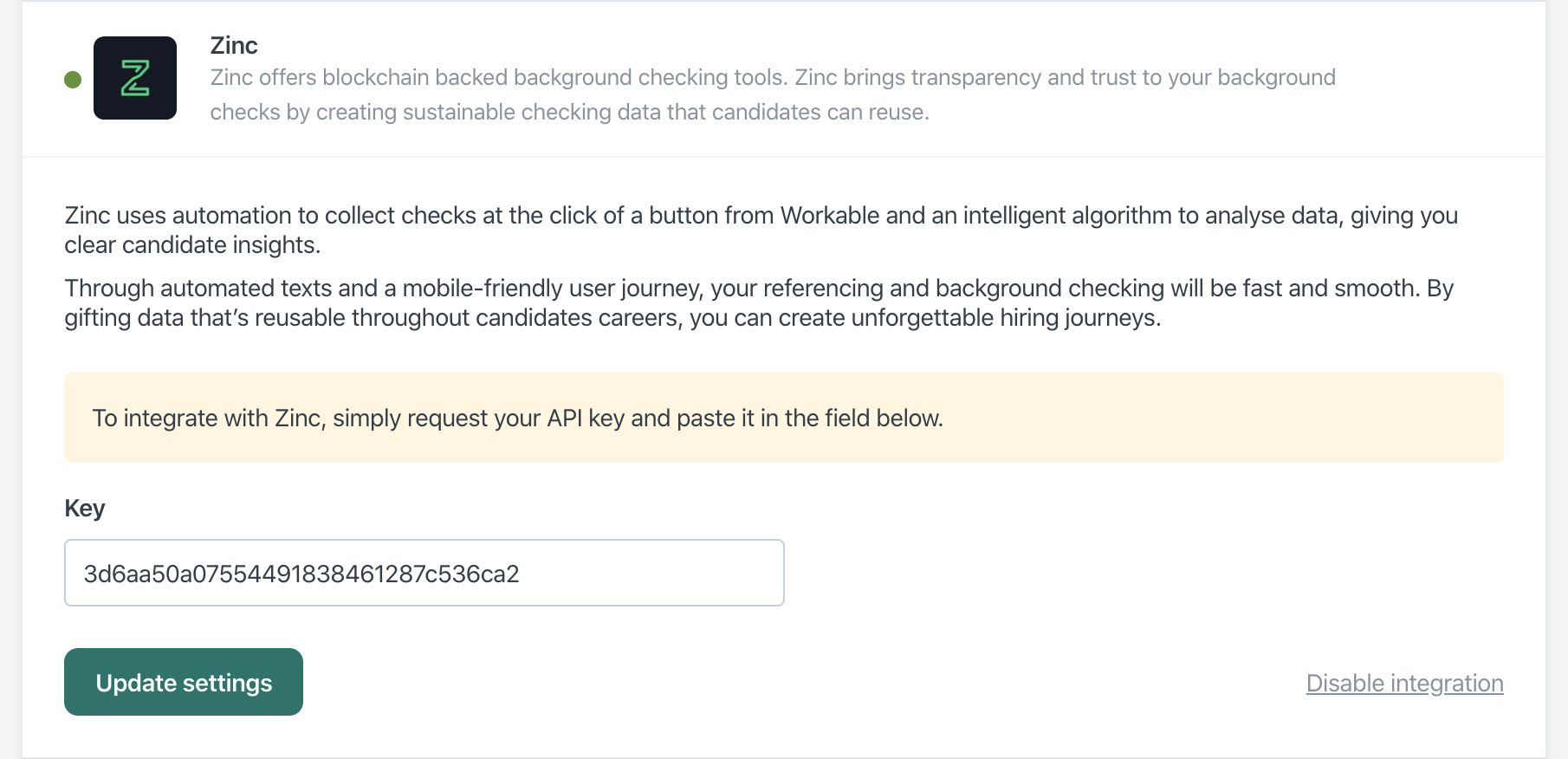 Paste your Zinc API key into Workable ATS
