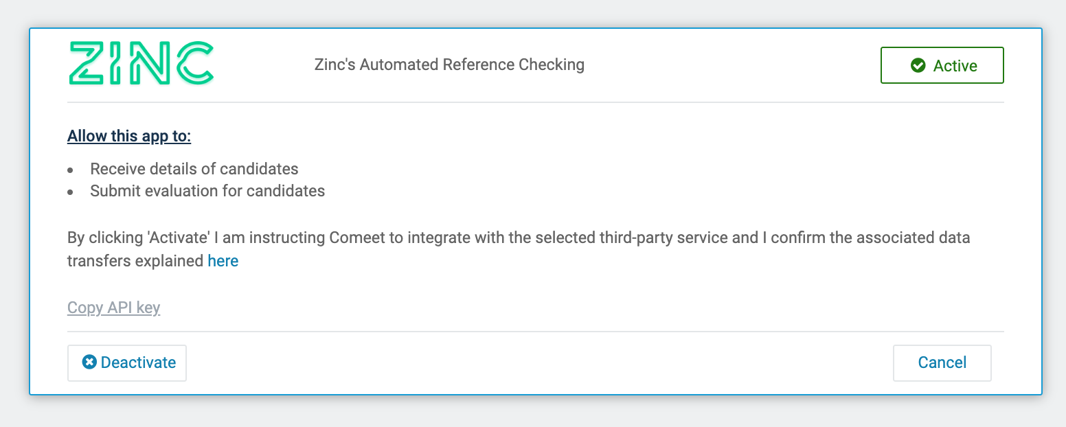 Integrate Zinc with Comeet