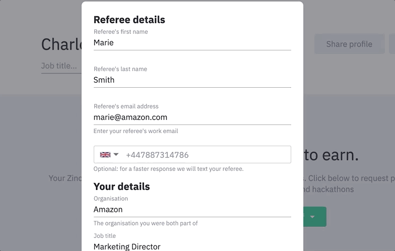 Candidate requesting a reference with Zinc