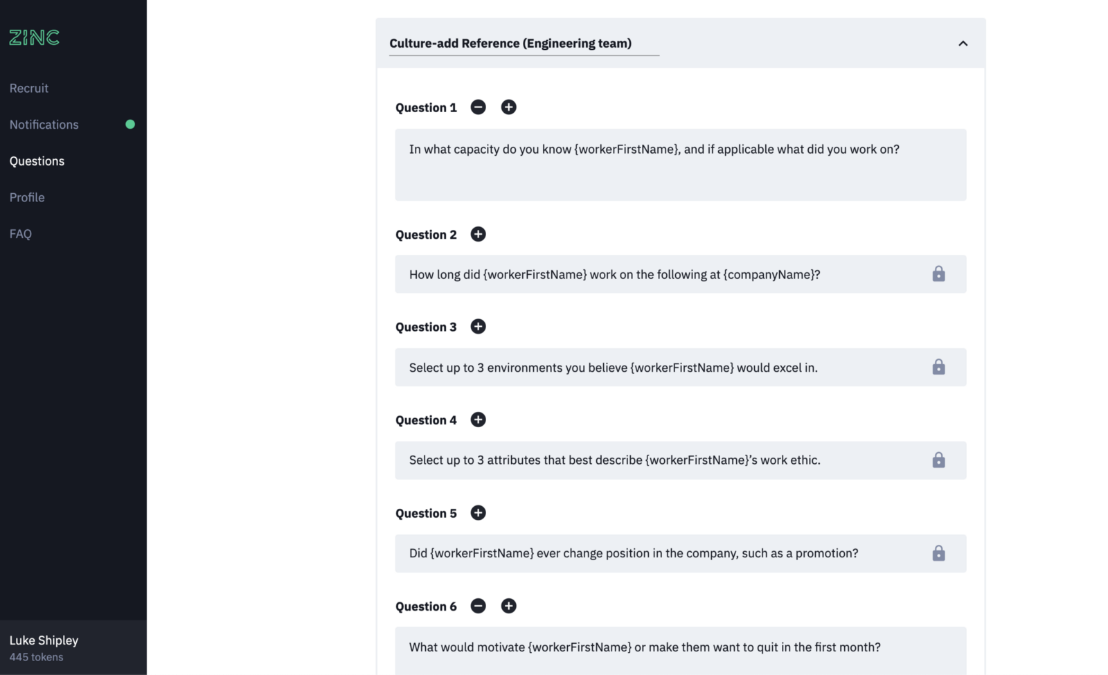 Zinc customise reference questions