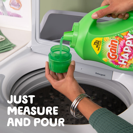 Gain Happy Liquid Laundry Detergent, Just Measure And Pour.