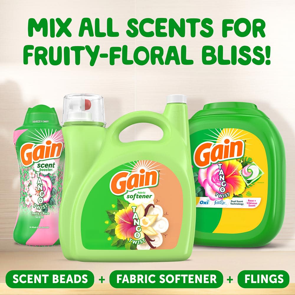 Gain Tango Twist Hibiscus and Vanilla Scent Fabric Softener, mix all scents for fruity-floral bliss!
