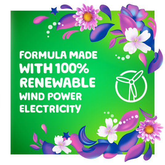 Gain Moonlight Breeze Fabric Softener formula is made with 100% renewable wind power electricity