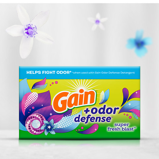 Packaging with Gain+Odor Defense Super Fresh Blast Dryer Sheet