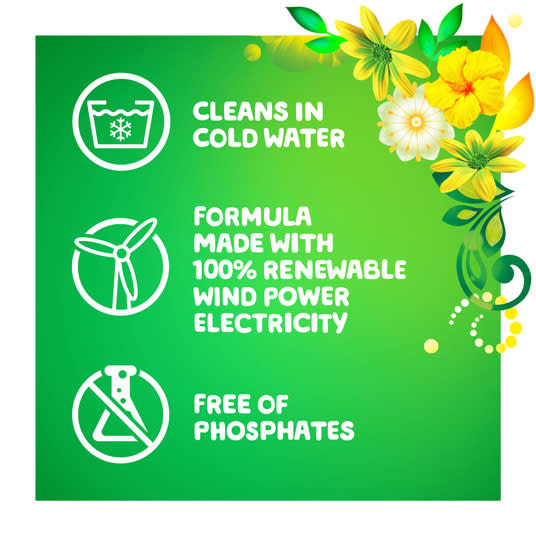 Gain Original Liquid Laundry Detergent cleans in cold water, formula made with 100% renewable wind power electricity and free of phosphates.