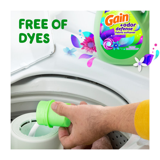 Gain+Odor Defense Super Fresh Blast Fabric Softener is free of dyes