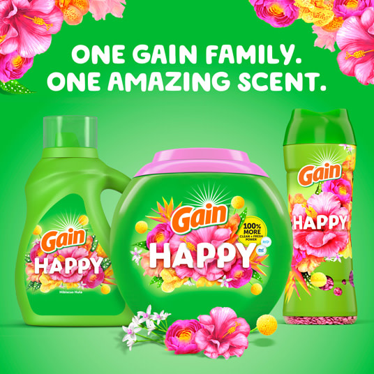 Gain Happy Liquid Laundry Detergent, One Gain Family. One Amazing Scent.