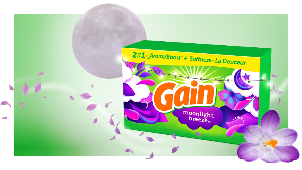 Packaging with Gain Moonlight Breeze fabric softener sheets