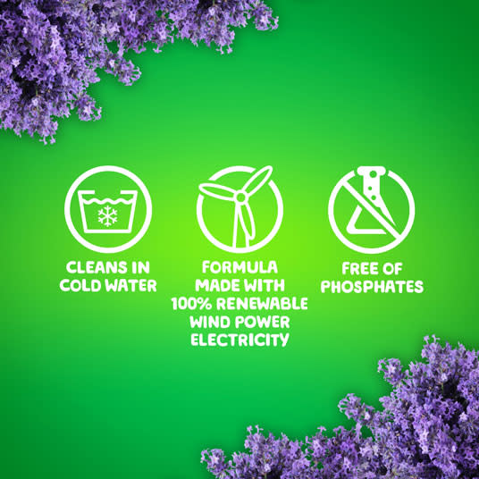 Gain Lavender Liquid Laundry Detergent cleans in cold water, the formula is made with 100% reneweable wind power electricity and it is free of phosphates