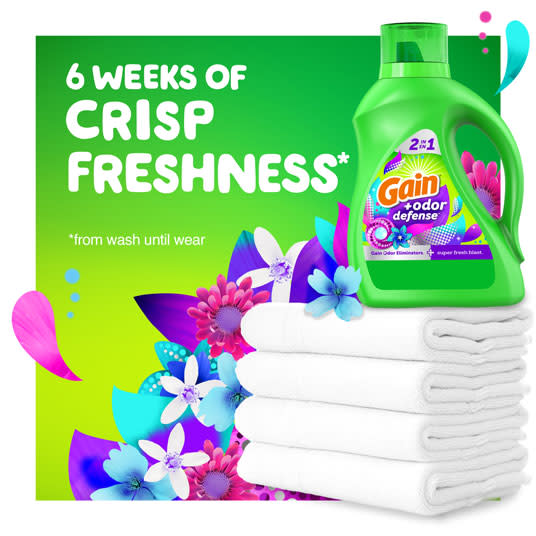 Gain+Odor Defense Super Fresh Blast Liquid Laundry Detergent gives 6 weeks of crisp freshness