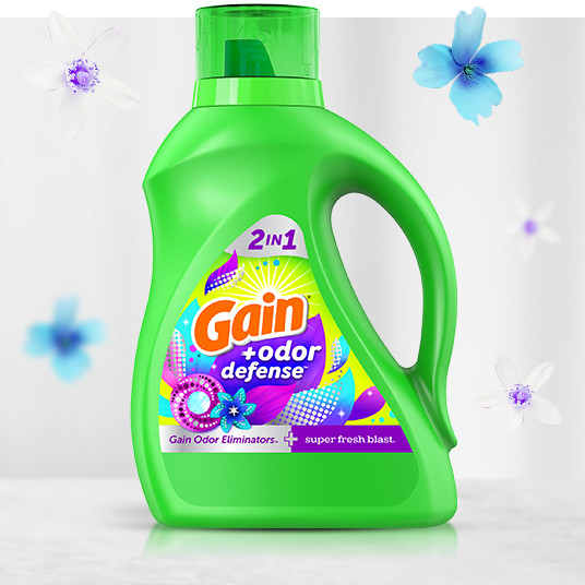 Bottle of Gain+Odor Defense Super Fresh Blast Liquid Laundry Detergent