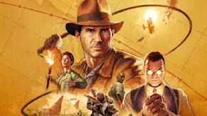 Key art for Indiana Jones and the Great Circle, showing Indiana Jones, Gina, Voss, and Locus over the backdrop of a map. There are also scenes depicting Indy punching an enemy with the pyramids of Gizeh in the background, and Indy dangling from a plane.