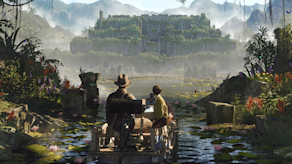 Indiana Jones and Gina ride a boat through the jungle towards a temple in Sukhothai that's overgrown with vegetation.