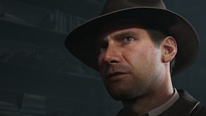Close-up of Indiana Jones' face in a dark room
