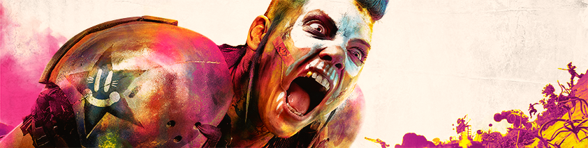 RAGE 2 artwork. Bandit with mohawk and mouth wide open screaming.