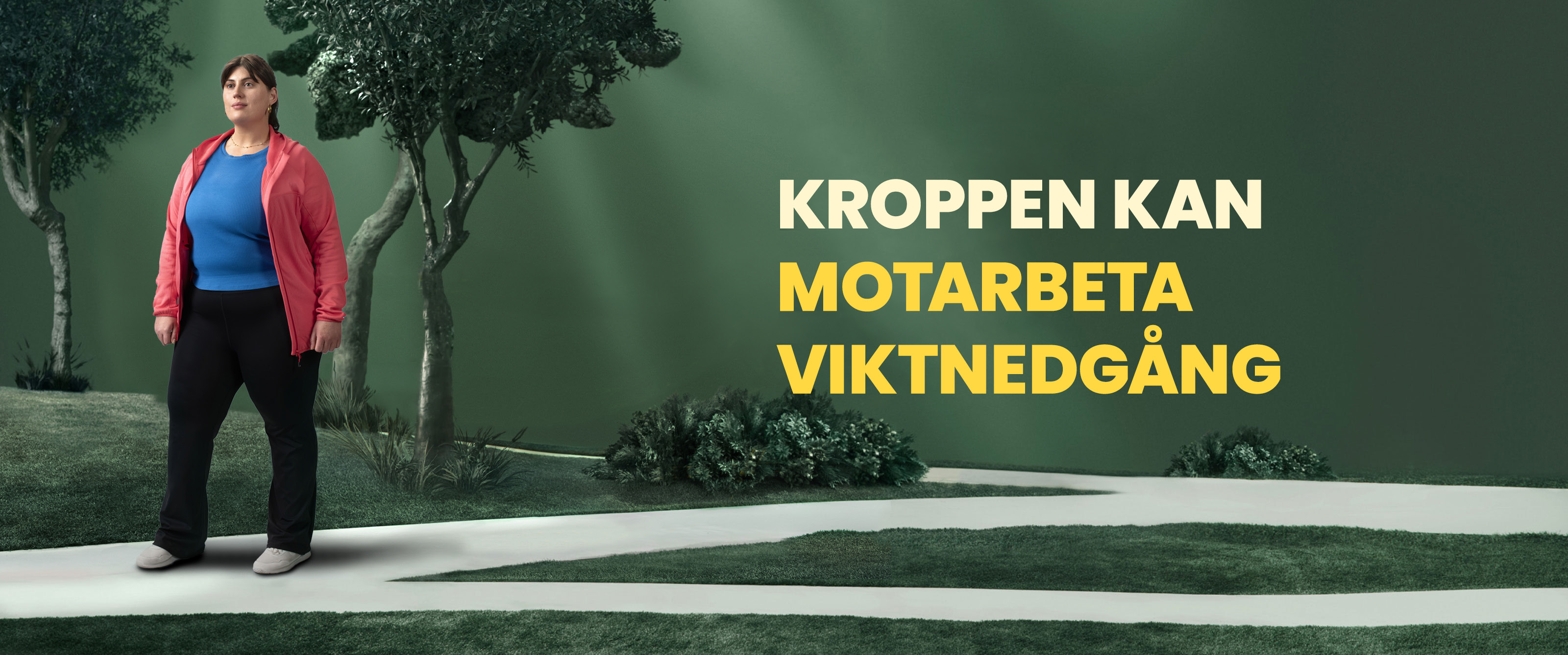 Texten "Kroppen kan motarbeta viktedgång" visas med bild av kvinna som har obesitas.