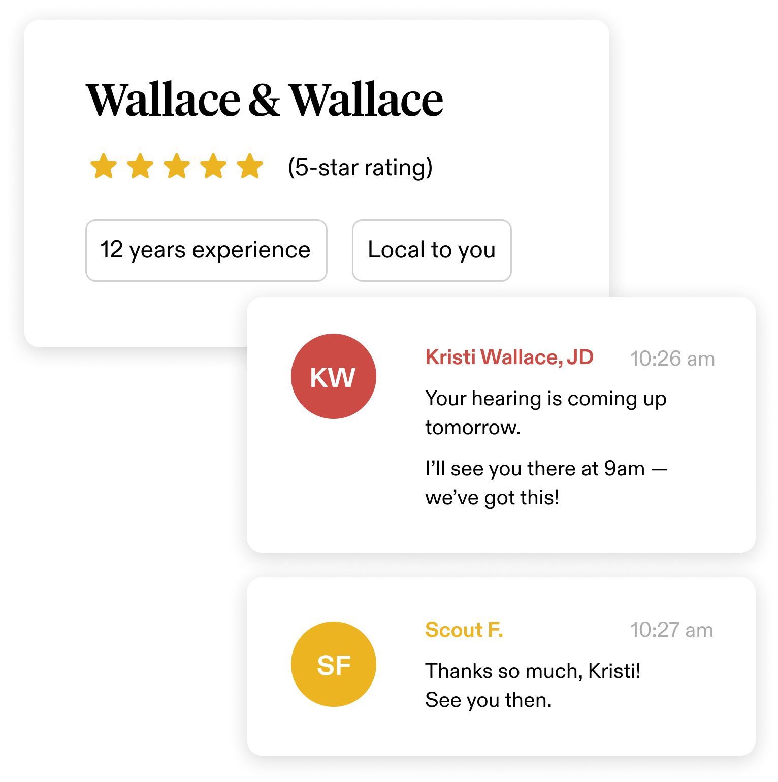 Example rating of a law firm named Wallace & Wallace with example chat messages.