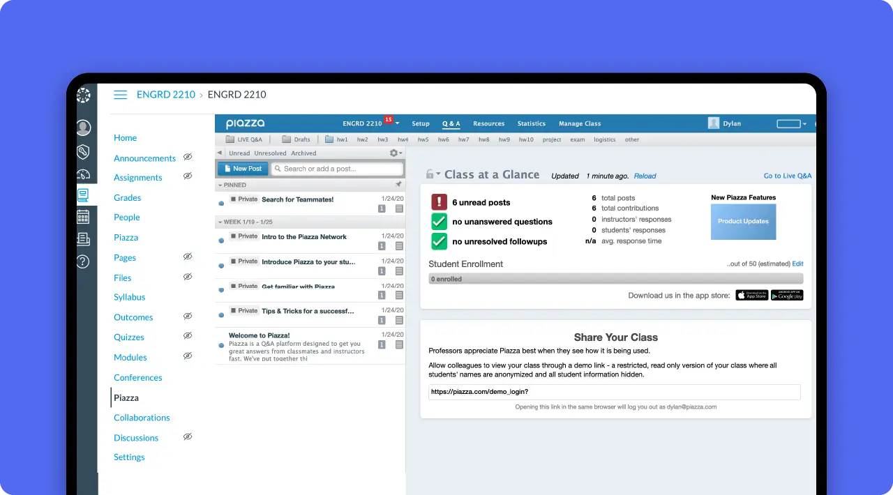 Screenshot of Piazza’s class at a glance page