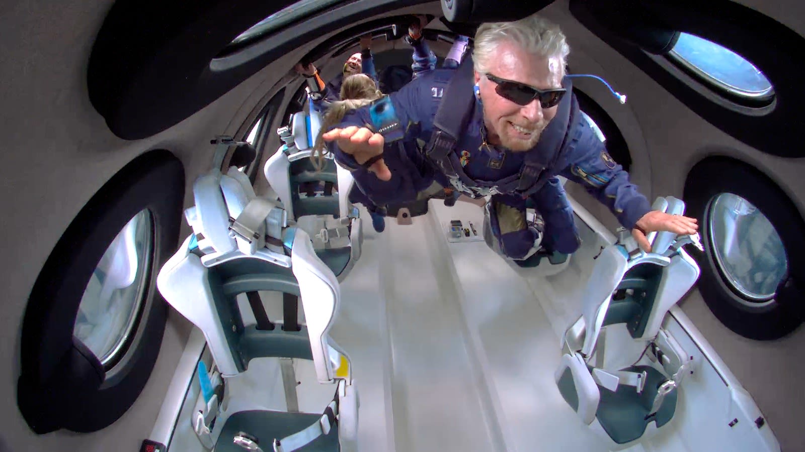 Richard Branson experiencing weightlessness during the Virgin Galactic Unity 22 spaceflight