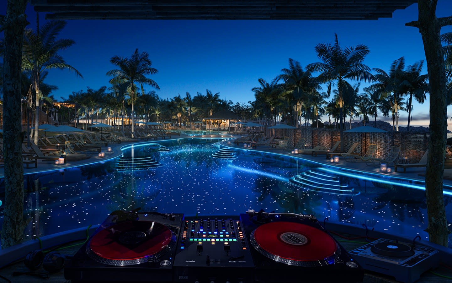 A view looking out to the pool area from the DJ booth at the Beach Club Bimini