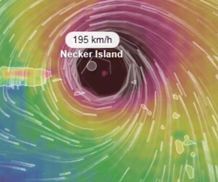 A meteorological image of Hurricane Irma around Necker Island. It shows a speed of 195km/h