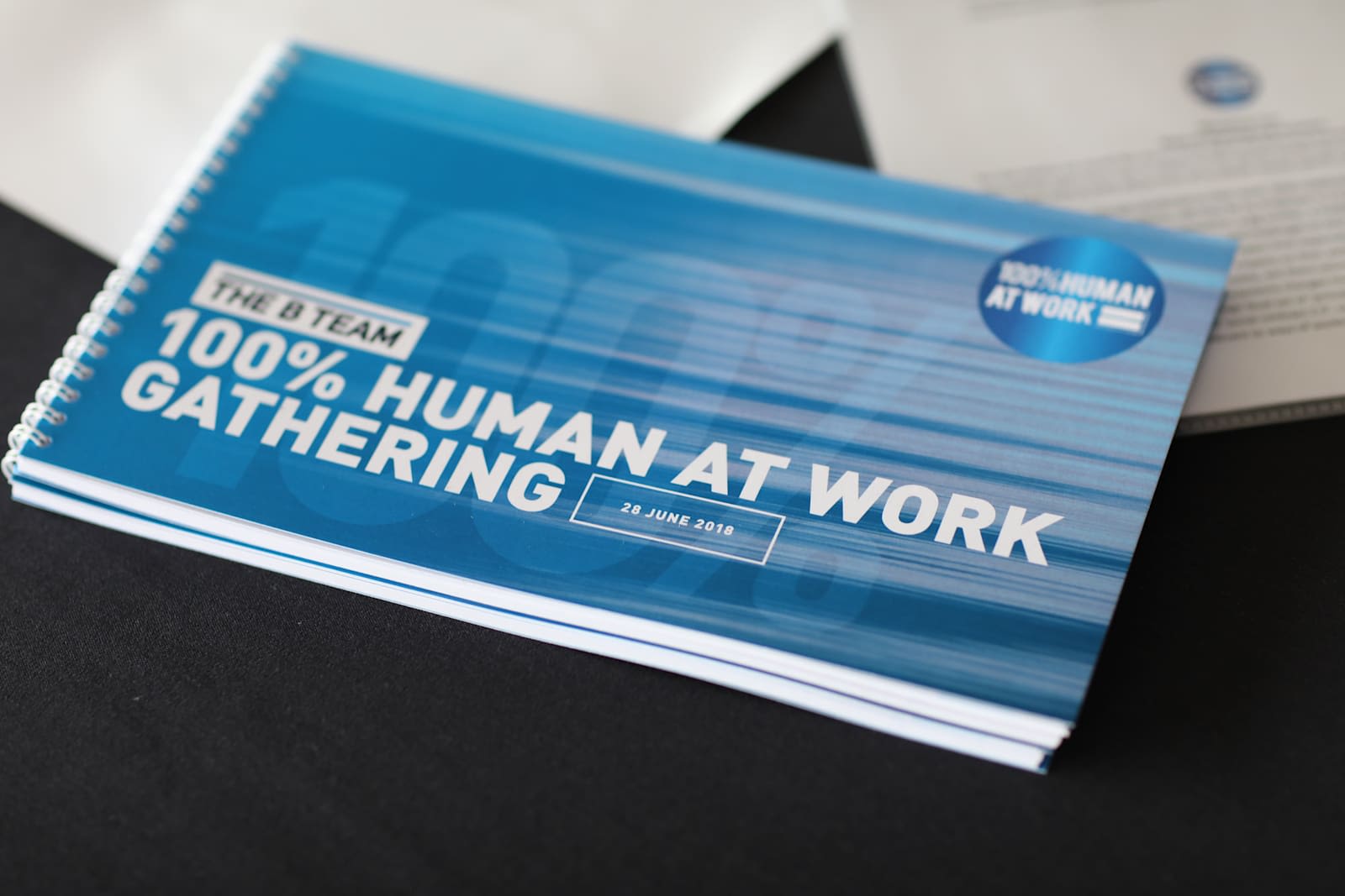 A small, blue booklet from The B Team about their 100% Human at Work initiative. In white on the front cover it says '100% Human at Work Gathering'