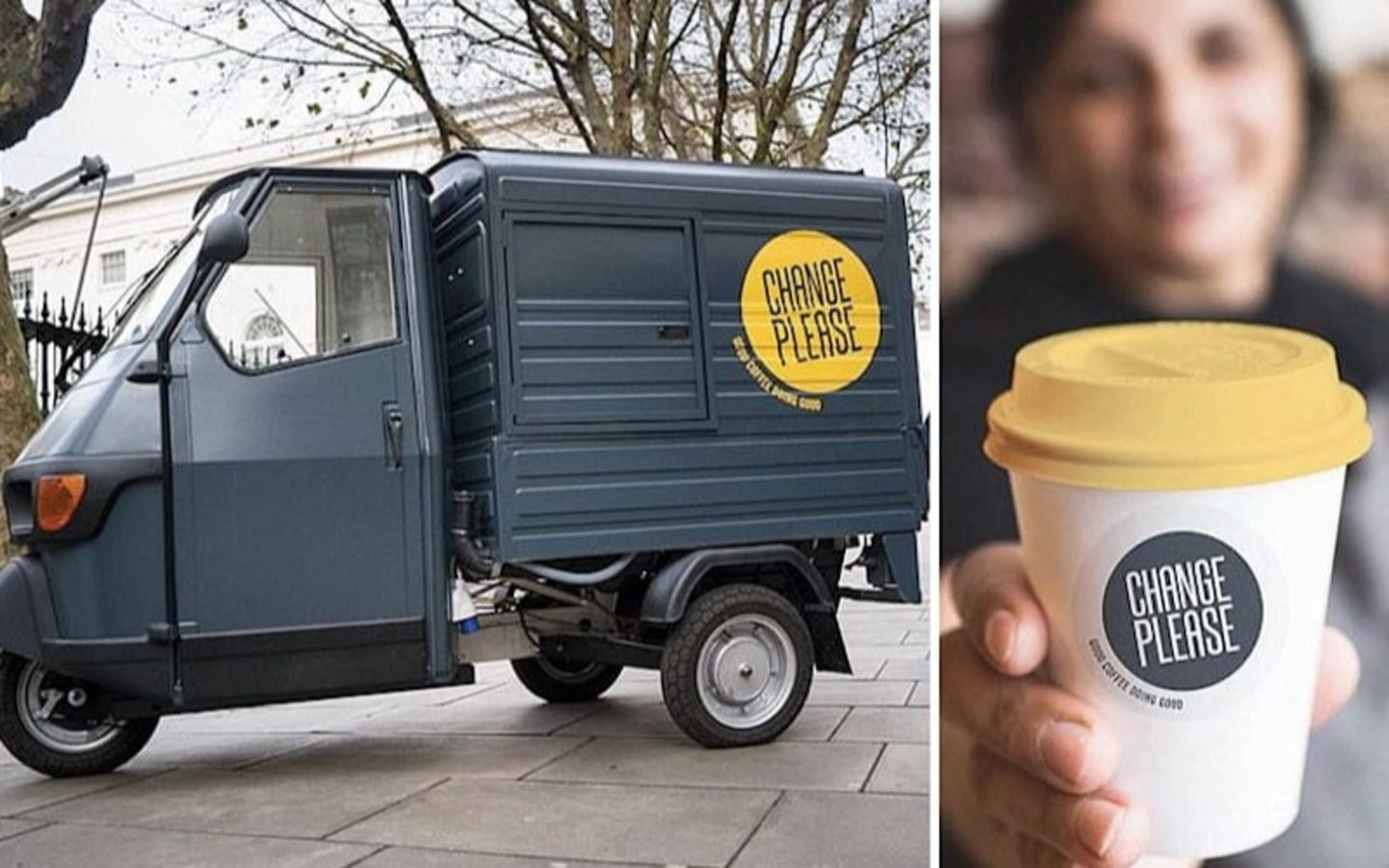 A photo of the Change Please coffee van, dark grey with the yellow and grey logo on the side, next to a photo of someone holding a Change Please coffee cup close to the camera
