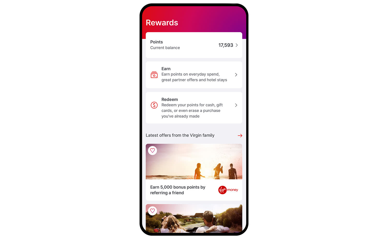 A phone showing the Virgin Money Australia rewards app