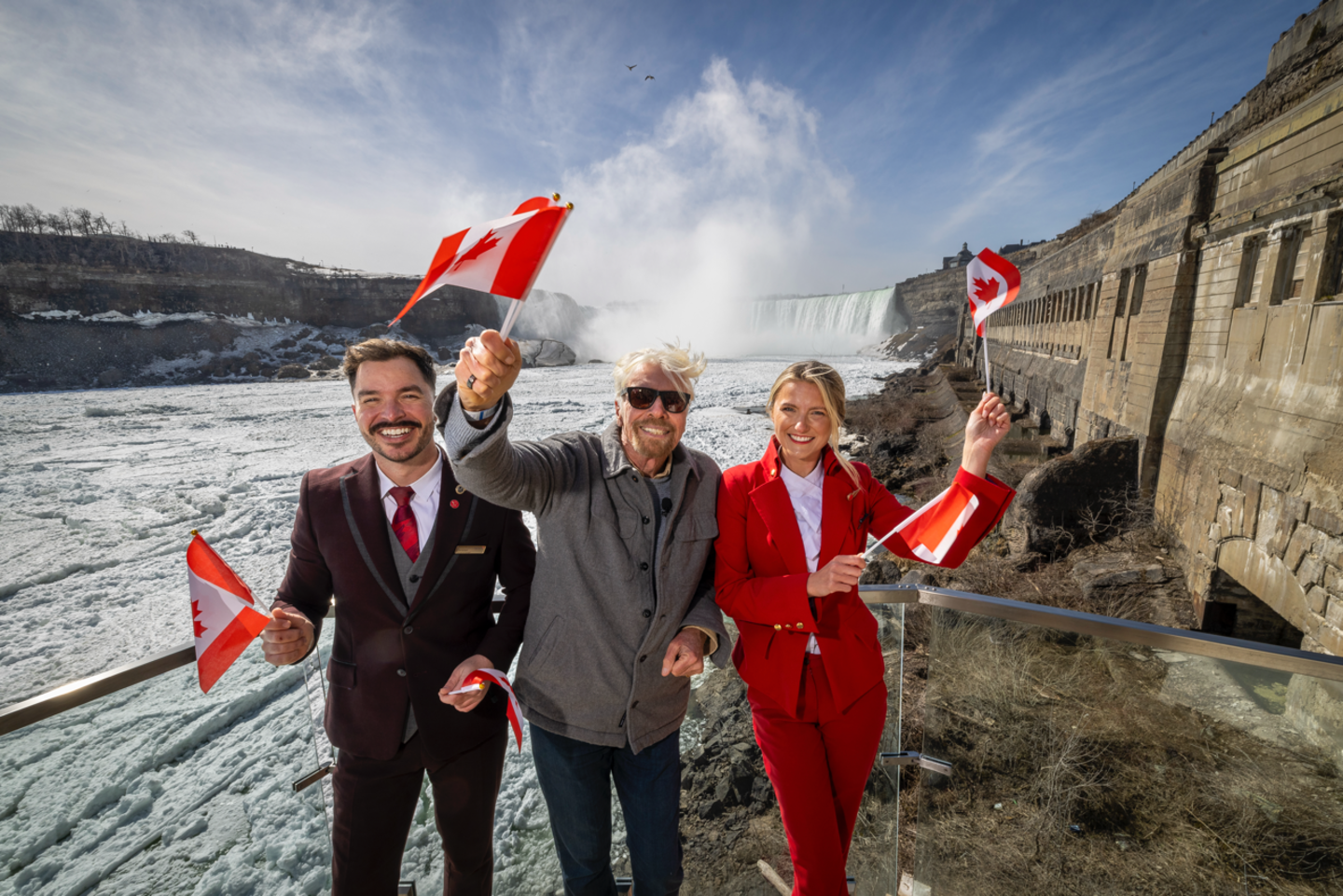 Richard Branson ziplining Niagara Falls with Virgin Atlantic