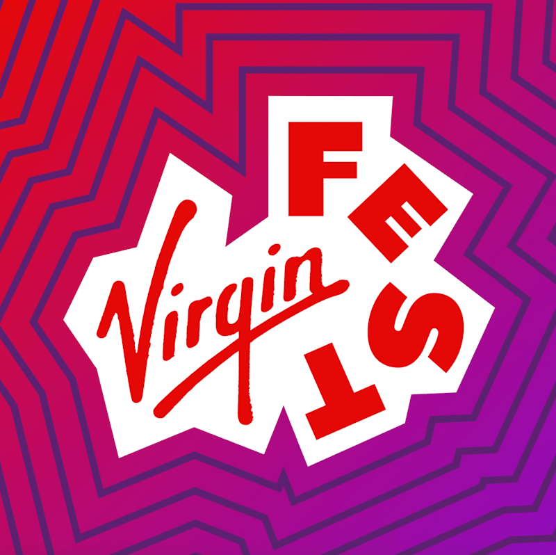 Virgin Fest.  Red text, purple background