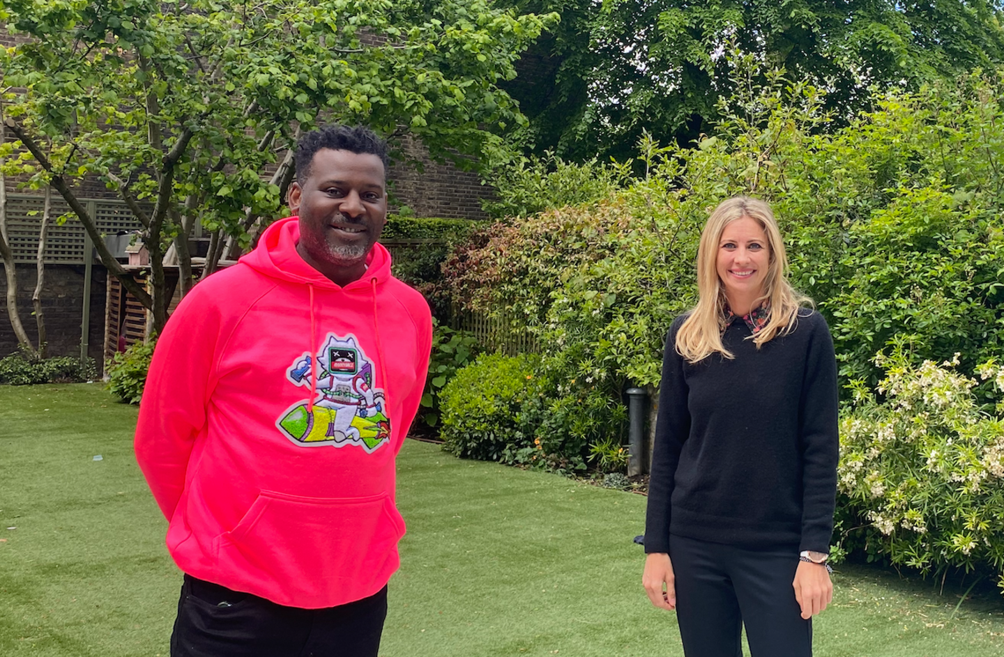 Holly Branson smiles with Stuart Lawrence following a Meet The Author interview