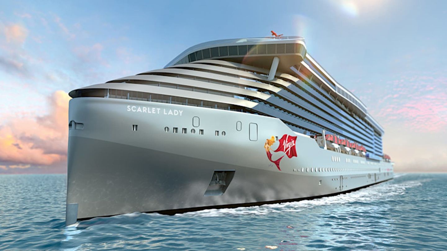 A rendered image of the Scarlett Lady cruise ship in the sea