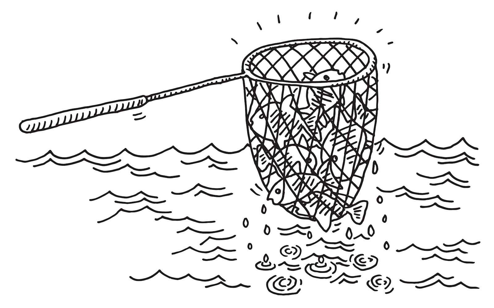 A black and white illustration of a fishing net full of fish, over the ocean