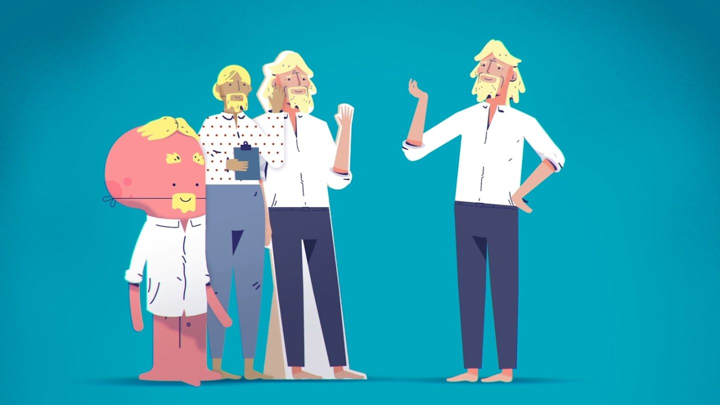 A cartoon image showing Richard Branson standing opposite three people pretending to be him by wearing fake beards and wigs